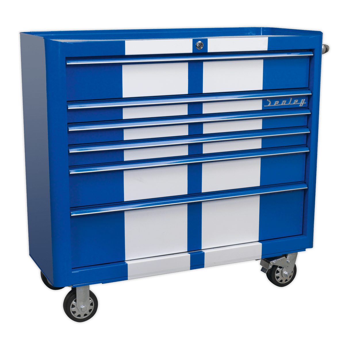 Sealey AP41206BWS Premier™ Retro Style Wide Rollcab 6 Drawer - Blue with White Stripes - AP41206BWS - Sealey Tools UK - Trade Counter Direct