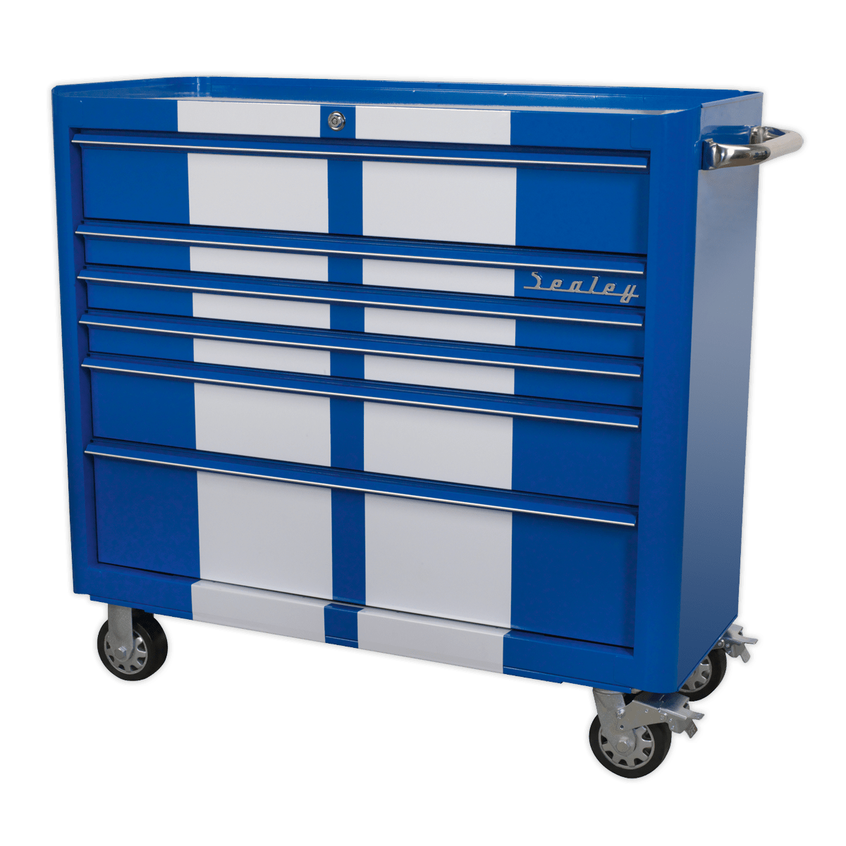Sealey AP41206BWS Premier™ Retro Style Wide Rollcab 6 Drawer - Blue with White Stripes - AP41206BWS - Sealey Tools UK - Trade Counter Direct