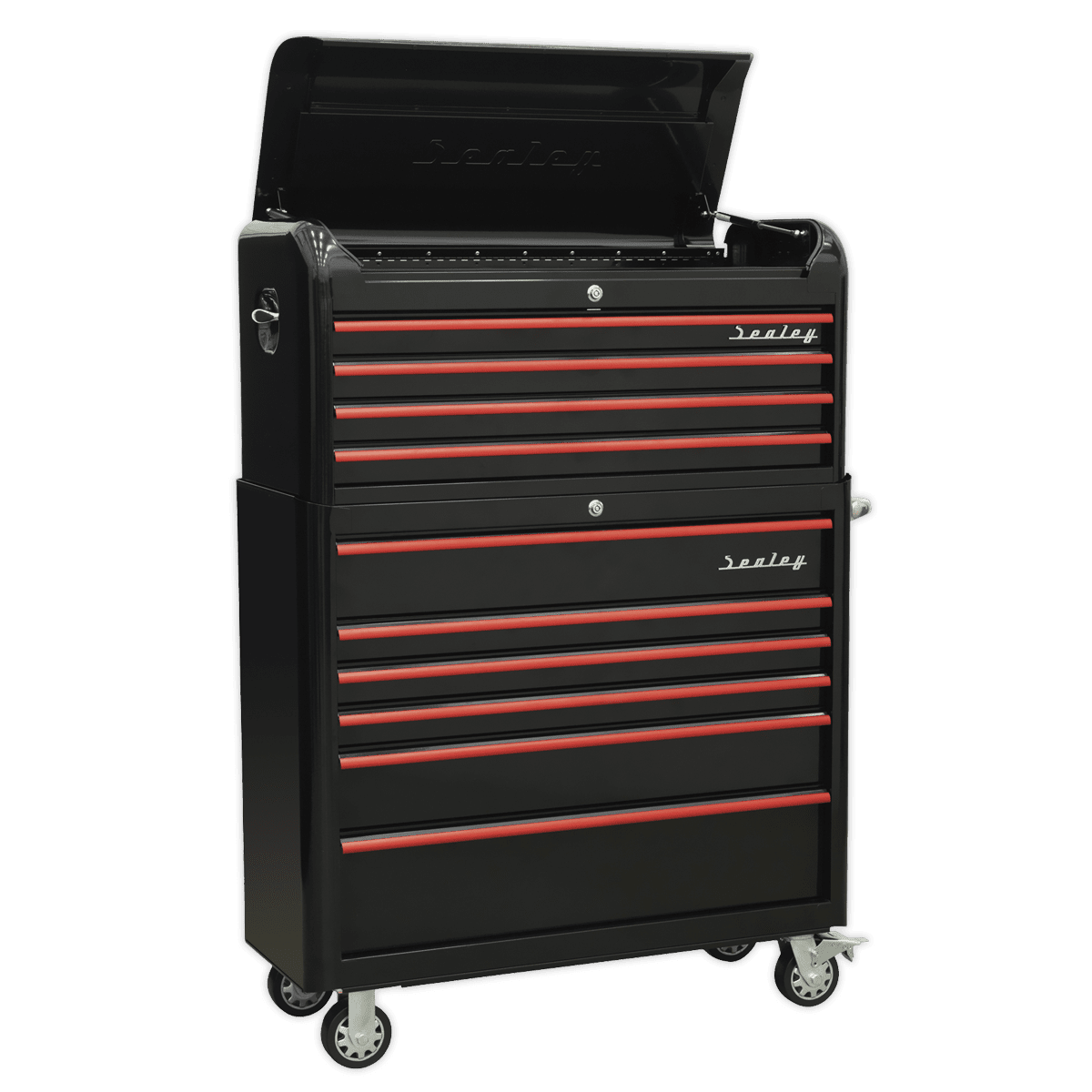 Sealey AP41COMBOBR Retro Style Extra - Wide Topchest & Rollcab Combination 10 Drawer - Black with Red Anodised Drawer Pull - AP41COMBOBR - Sealey Tools UK - Trade Counter Direct