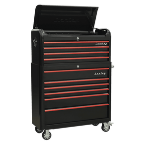 Sealey AP41COMBOBR Retro Style Extra - Wide Topchest & Rollcab Combination 10 Drawer - Black with Red Anodised Drawer Pull - AP41COMBOBR - Sealey Tools UK - Trade Counter Direct
