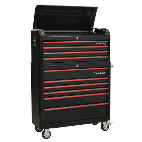 Sealey AP41COMBOBR Retro Style Extra - Wide Topchest & Rollcab Combination 10 Drawer - Black with Red Anodised Drawer Pull - AP41COMBOBR - Sealey Tools UK - Trade Counter Direct