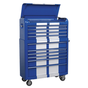 Sealey AP41COMBOBWS Premier™ Retro Style Wide Topchest & Rollcab Combination 10 Drawer Blue with White Stripes - AP41COMBOBWS - Sealey Tools UK - Trade Counter Direct