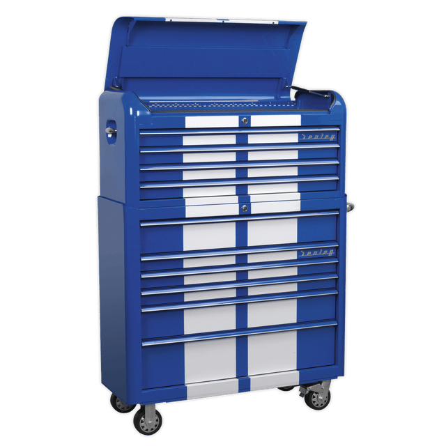 Sealey AP41COMBOBWS Premier™ Retro Style Wide Topchest & Rollcab Combination 10 Drawer Blue with White Stripes - AP41COMBOBWS - Sealey Tools UK - Trade Counter Direct