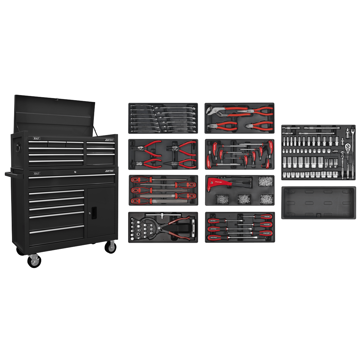 Sealey AP41STACKBCOMBO American PRO® Topchest & Rollcab Combination 15 Drawer with 117pc Tool Kit - Black - AP41STACKBCOMBO - Sealey Tools UK - Trade Counter Direct