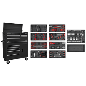 Sealey AP41STACKBCOMBO American PRO® Topchest & Rollcab Combination 15 Drawer with 117pc Tool Kit - Black - AP41STACKBCOMBO - Sealey Tools UK - Trade Counter Direct