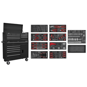 Sealey AP41STACKBCOMBO American PRO® Topchest & Rollcab Combination 15 Drawer with 117pc Tool Kit - Black - AP41STACKBCOMBO - Sealey Tools UK - Trade Counter Direct
