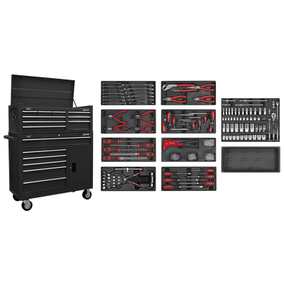 Sealey AP41STACKBCOMBO American PRO® Topchest & Rollcab Combination 15 Drawer with 117pc Tool Kit - Black - AP41STACKBCOMBO - Sealey Tools UK - Trade Counter Direct