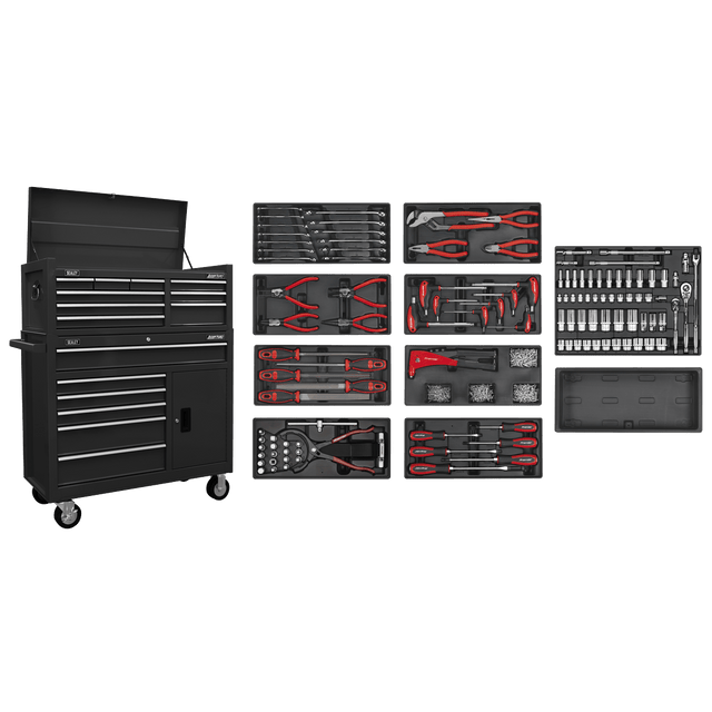 Sealey AP41STACKBCOMBO American PRO® Topchest & Rollcab Combination 15 Drawer with 117pc Tool Kit - Black - AP41STACKBCOMBO - Sealey Tools UK - Trade Counter Direct