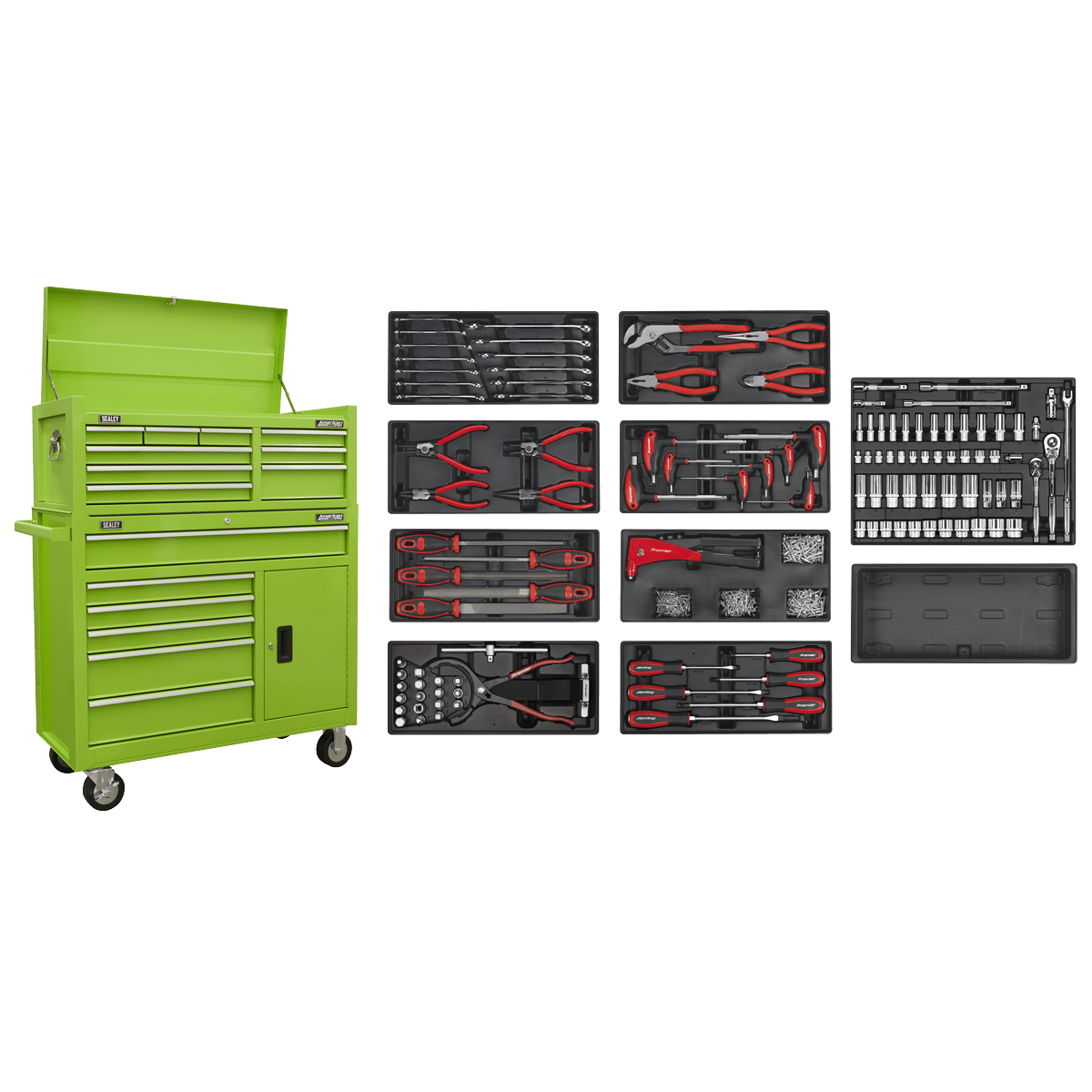 Sealey AP41STACKHVCOMBO American PRO® Topchest & Rollcab Combination 15 Drawer with 117pc Tool Kit- Green - AP41STACKHVCOMBO - Sealey Tools UK - Trade Counter Direct