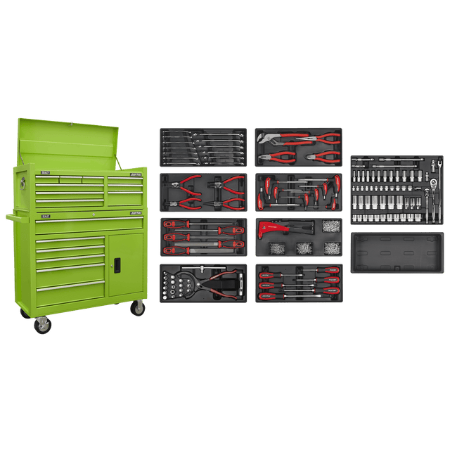 Sealey AP41STACKHVCOMBO American PRO® Topchest & Rollcab Combination 15 Drawer with 117pc Tool Kit- Green - AP41STACKHVCOMBO - Sealey Tools UK - Trade Counter Direct