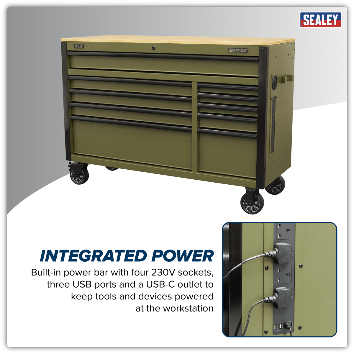 Sealey AP5210KBE Superline PRO® Mobile Trolley with Wooden Worktop & Power Bar 10 Drawer 1320mm - AP5210KBE - Sealey Tools UK - Trade Counter Direct
