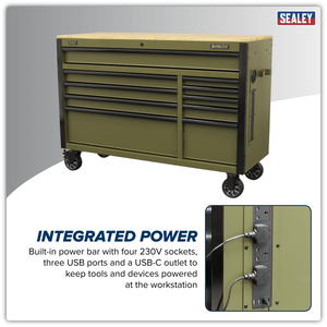 Sealey AP5210KBE Superline PRO® Mobile Trolley with Wooden Worktop & Power Bar 10 Drawer 1320mm - AP5210KBE - Sealey Tools UK - Trade Counter Direct