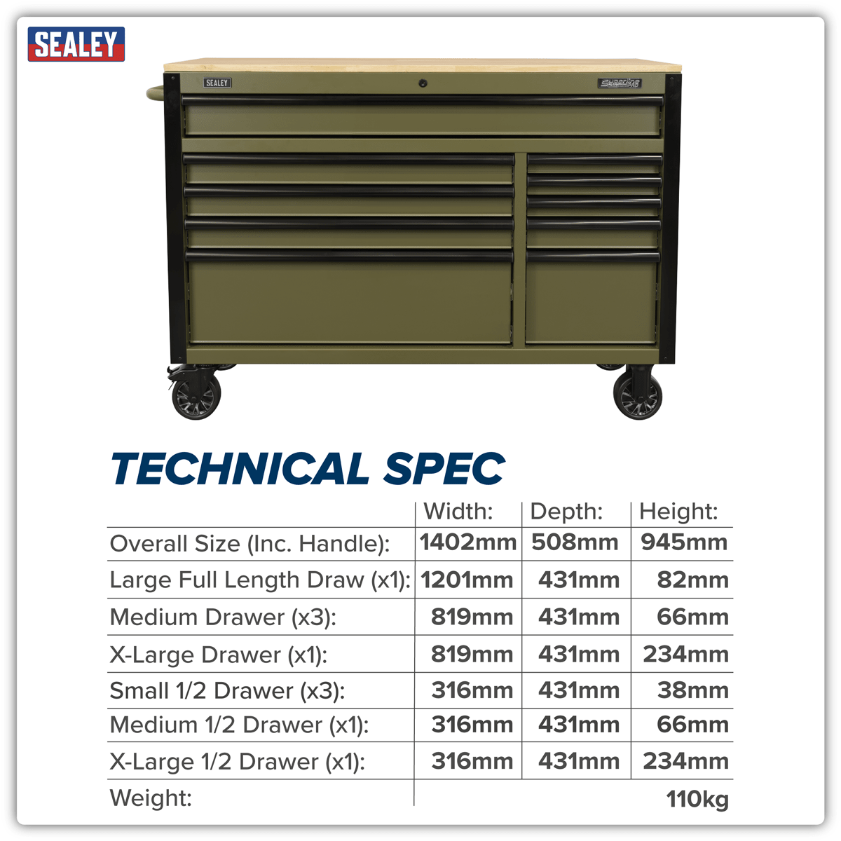 Sealey AP5210KBE Superline PRO® Mobile Trolley with Wooden Worktop & Power Bar 10 Drawer 1320mm - AP5210KBE - Sealey Tools UK - Trade Counter Direct