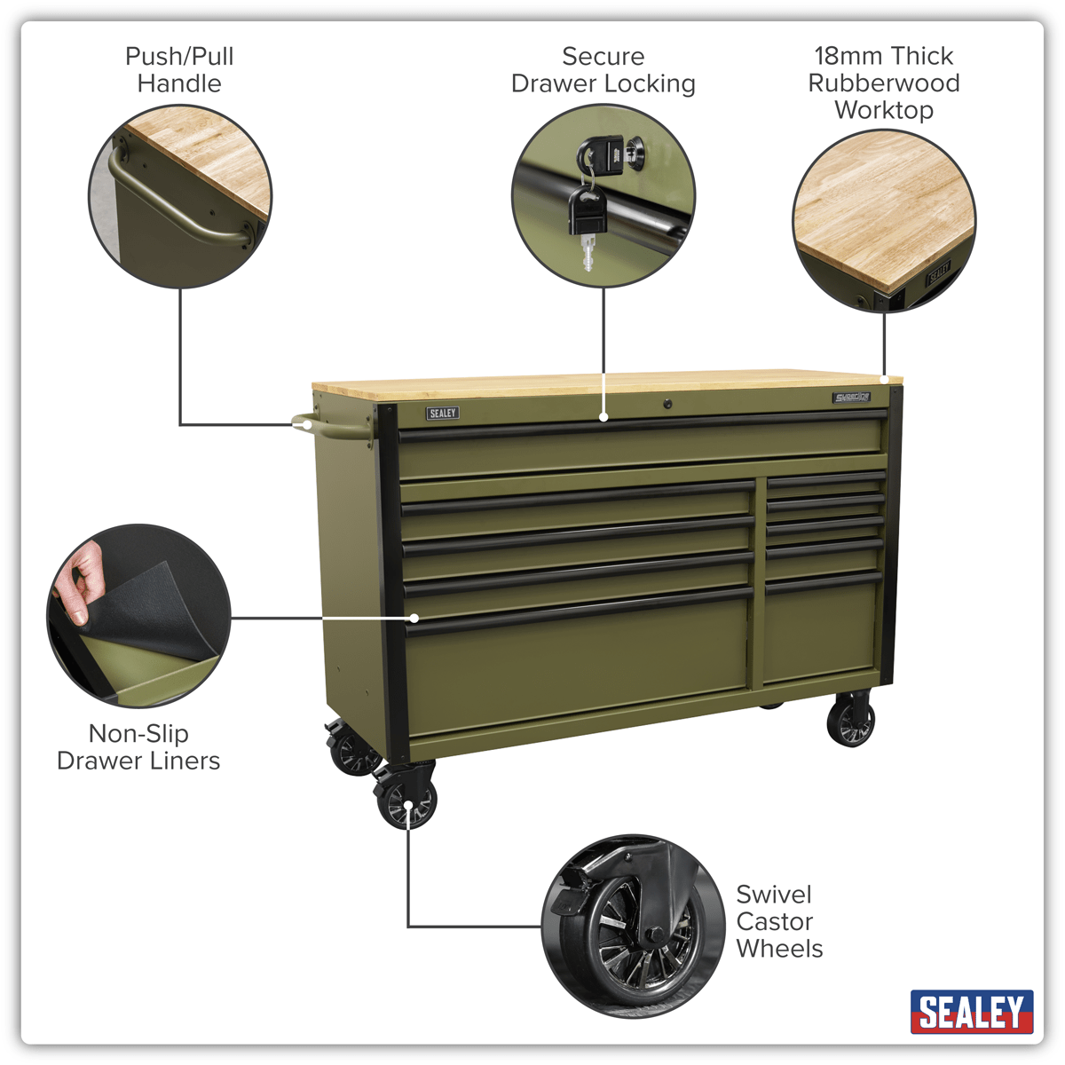 Sealey AP5210KBE Superline PRO® Mobile Trolley with Wooden Worktop & Power Bar 10 Drawer 1320mm - AP5210KBE - Sealey Tools UK - Trade Counter Direct
