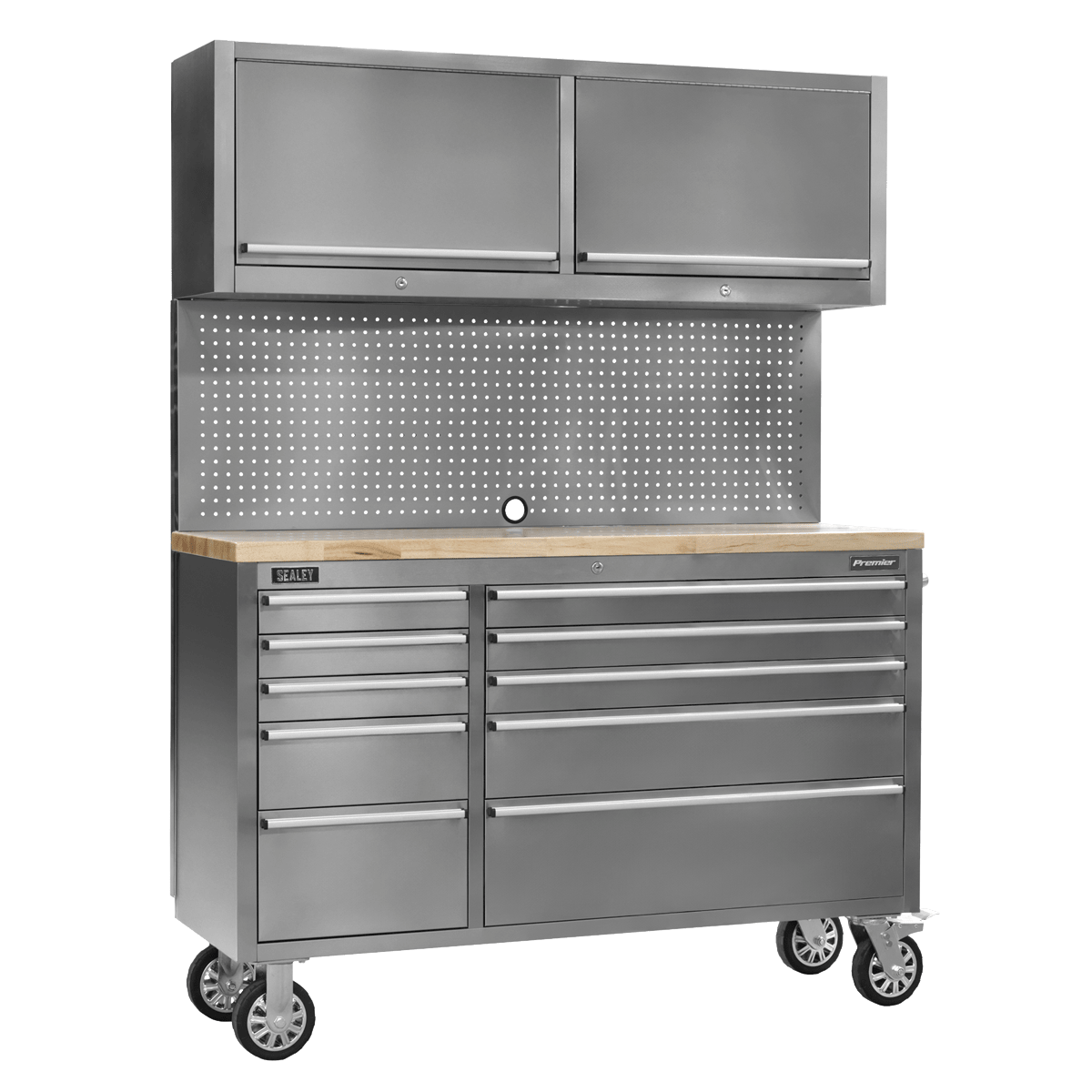 Sealey AP5520SS Premier™ Mobile Stainless Steel Tool Cabinet 10 Drawer with Backboard & 2 Wall Cupboards - AP5520SS - Sealey Tools UK - Trade Counter Direct