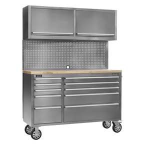 Sealey AP5520SS Premier™ Mobile Stainless Steel Tool Cabinet 10 Drawer with Backboard & 2 Wall Cupboards - AP5520SS - Sealey Tools UK - Trade Counter Direct