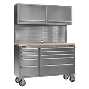 Sealey AP5520SS Premier™ Mobile Stainless Steel Tool Cabinet 10 Drawer with Backboard & 2 Wall Cupboards - AP5520SS - Sealey Tools UK - Trade Counter Direct
