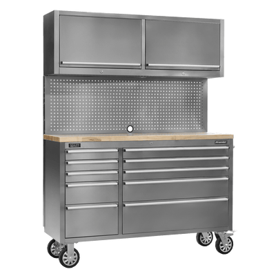 Sealey AP5520SS Premier™ Mobile Stainless Steel Tool Cabinet 10 Drawer with Backboard & 2 Wall Cupboards - AP5520SS - Sealey Tools UK - Trade Counter Direct