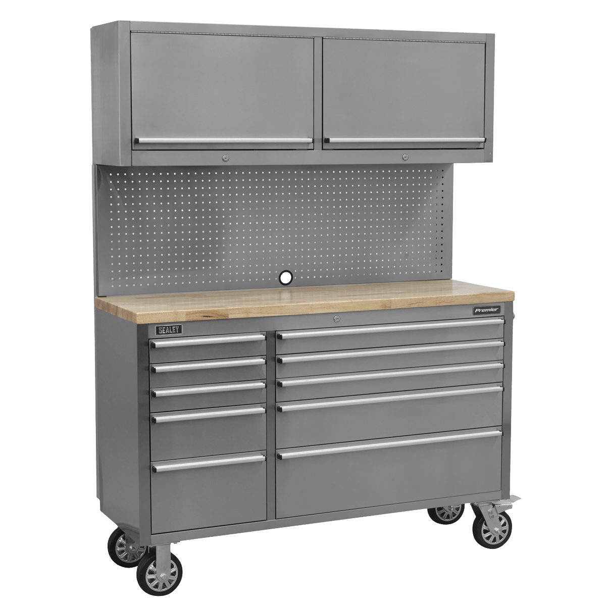 Sealey AP5520SS Premier™ Mobile Stainless Steel Tool Cabinet 10 Drawer with Backboard & 2 Wall Cupboards - AP5520SS - Sealey Tools UK - Trade Counter Direct