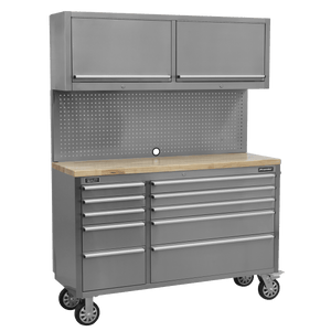 Sealey AP5520SS Premier™ Mobile Stainless Steel Tool Cabinet 10 Drawer with Backboard & 2 Wall Cupboards - AP5520SS - Sealey Tools UK - Trade Counter Direct