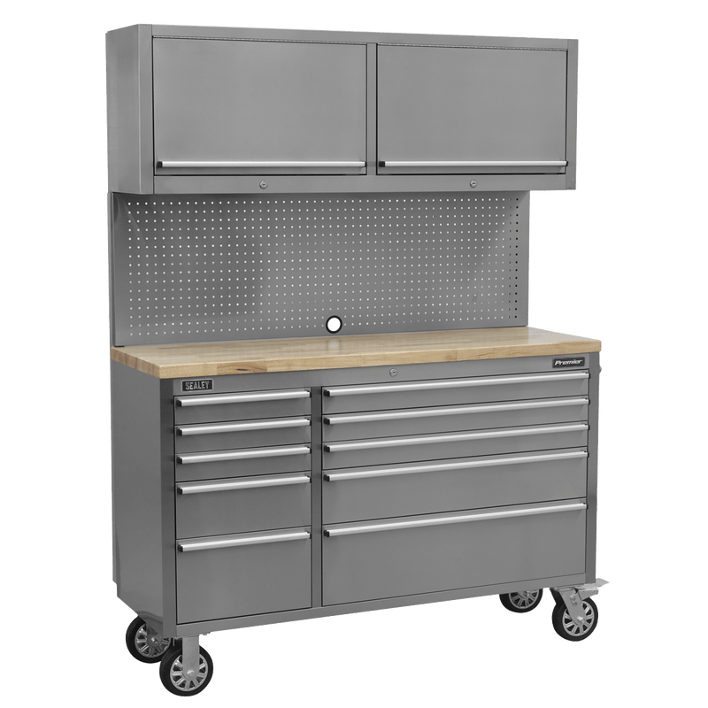 Sealey AP5520SS Premier™ Mobile Stainless Steel Tool Cabinet 10 Drawer with Backboard & 2 Wall Cupboards - AP5520SS - Sealey Tools UK - Trade Counter Direct