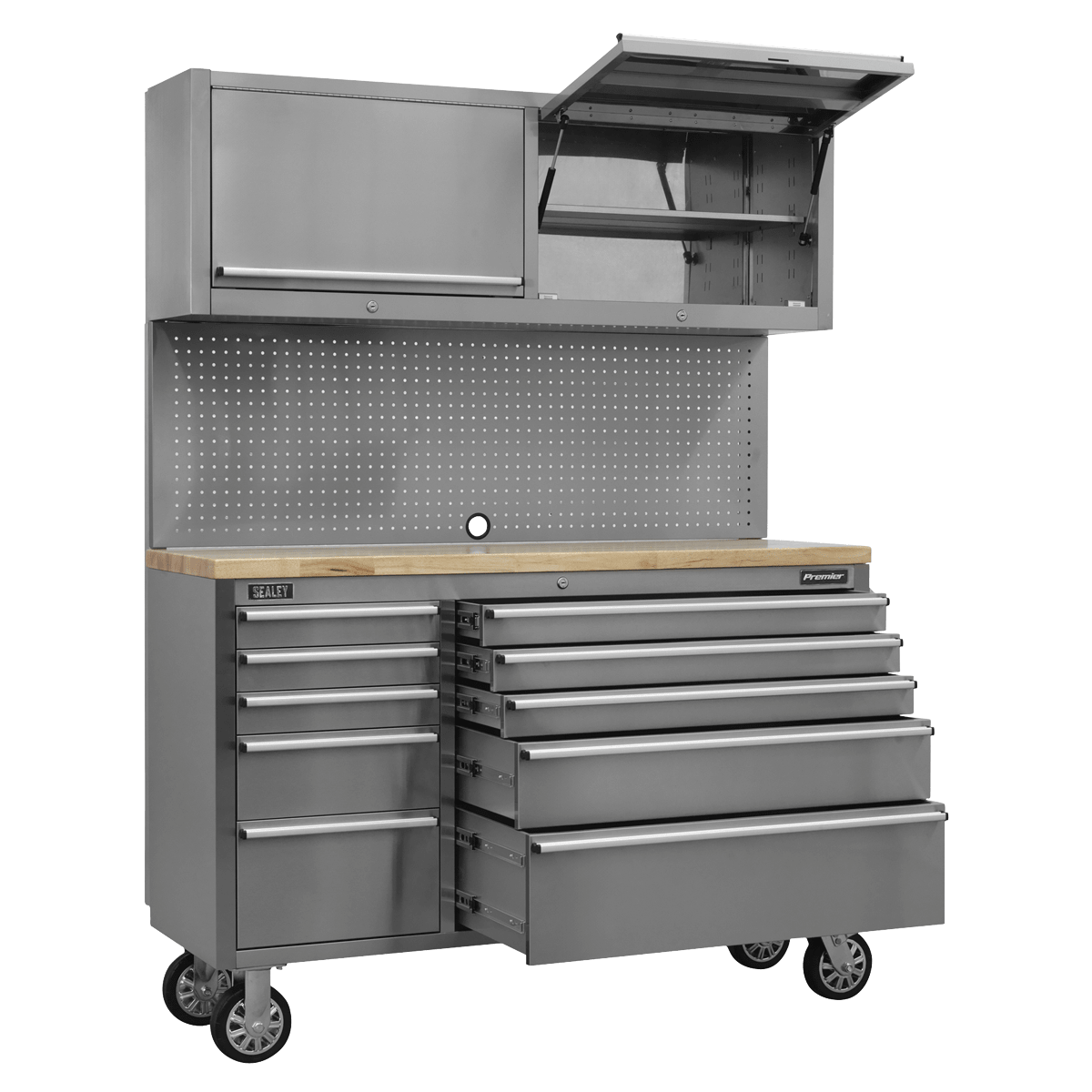 Sealey AP5520SS Premier™ Mobile Stainless Steel Tool Cabinet 10 Drawer with Backboard & 2 Wall Cupboards - AP5520SS - Sealey Tools UK - Trade Counter Direct
