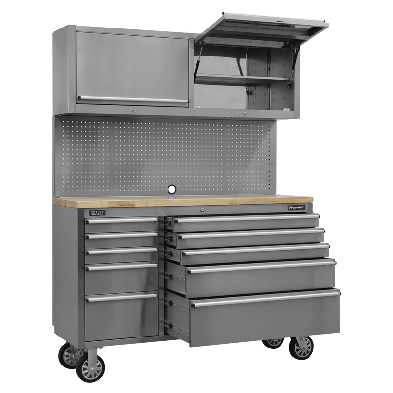 Sealey AP5520SS Premier™ Mobile Stainless Steel Tool Cabinet 10 Drawer with Backboard & 2 Wall Cupboards - AP5520SS - Sealey Tools UK - Trade Counter Direct