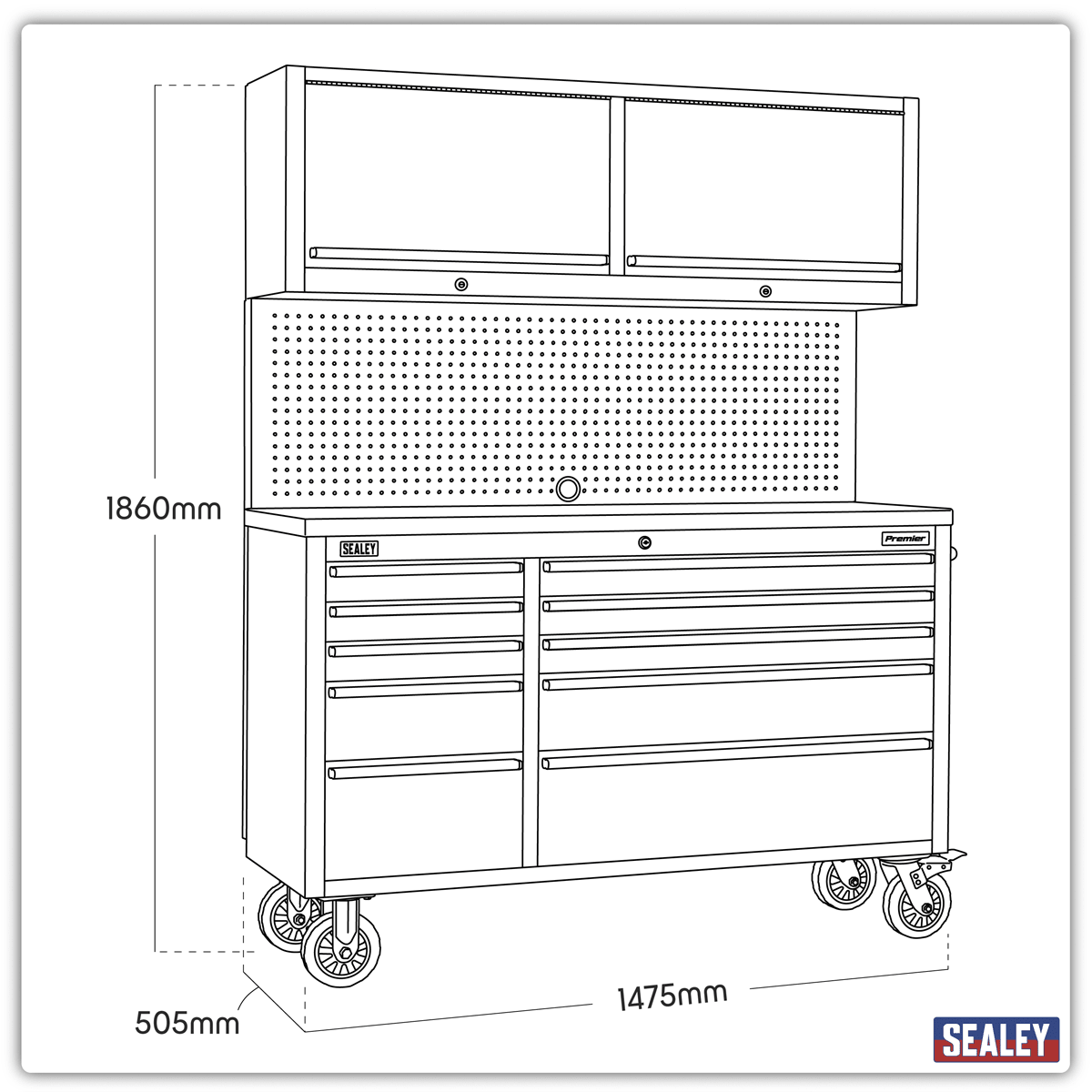 Sealey AP5520SS Premier™ Mobile Stainless Steel Tool Cabinet 10 Drawer with Backboard & 2 Wall Cupboards - AP5520SS - Sealey Tools UK - Trade Counter Direct