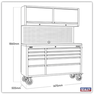 Sealey AP5520SS Premier™ Mobile Stainless Steel Tool Cabinet 10 Drawer with Backboard & 2 Wall Cupboards - AP5520SS - Sealey Tools UK - Trade Counter Direct