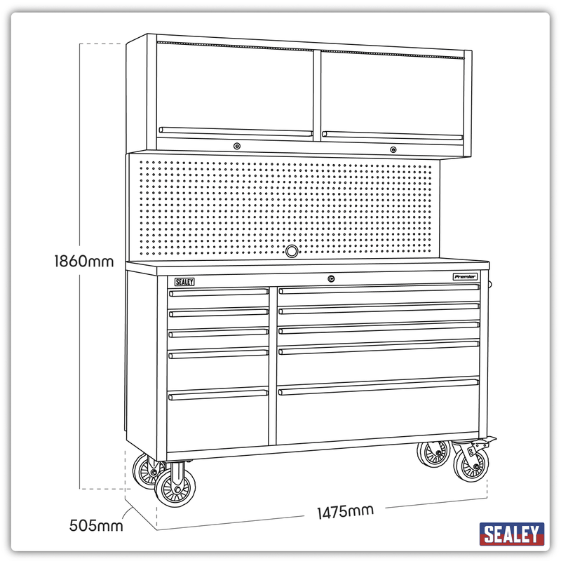 Sealey AP5520SS Premier™ Mobile Stainless Steel Tool Cabinet 10 Drawer with Backboard & 2 Wall Cupboards - AP5520SS - Sealey Tools UK - Trade Counter Direct