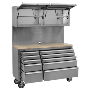 Sealey AP5520SS Premier™ Mobile Stainless Steel Tool Cabinet 10 Drawer with Backboard & 2 Wall Cupboards - AP5520SS - Sealey Tools UK - Trade Counter Direct