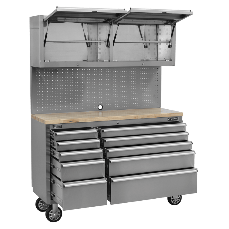 Sealey AP5520SS Premier™ Mobile Stainless Steel Tool Cabinet 10 Drawer with Backboard & 2 Wall Cupboards - AP5520SS - Sealey Tools UK - Trade Counter Direct