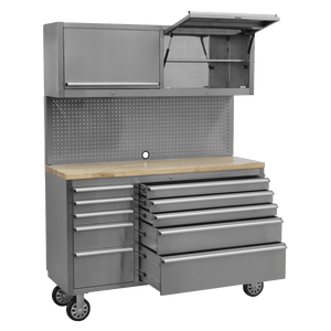 Sealey AP5520SS Premier™ Mobile Stainless Steel Tool Cabinet 10 Drawer with Backboard & 2 Wall Cupboards - AP5520SS - Sealey Tools UK - Trade Counter Direct