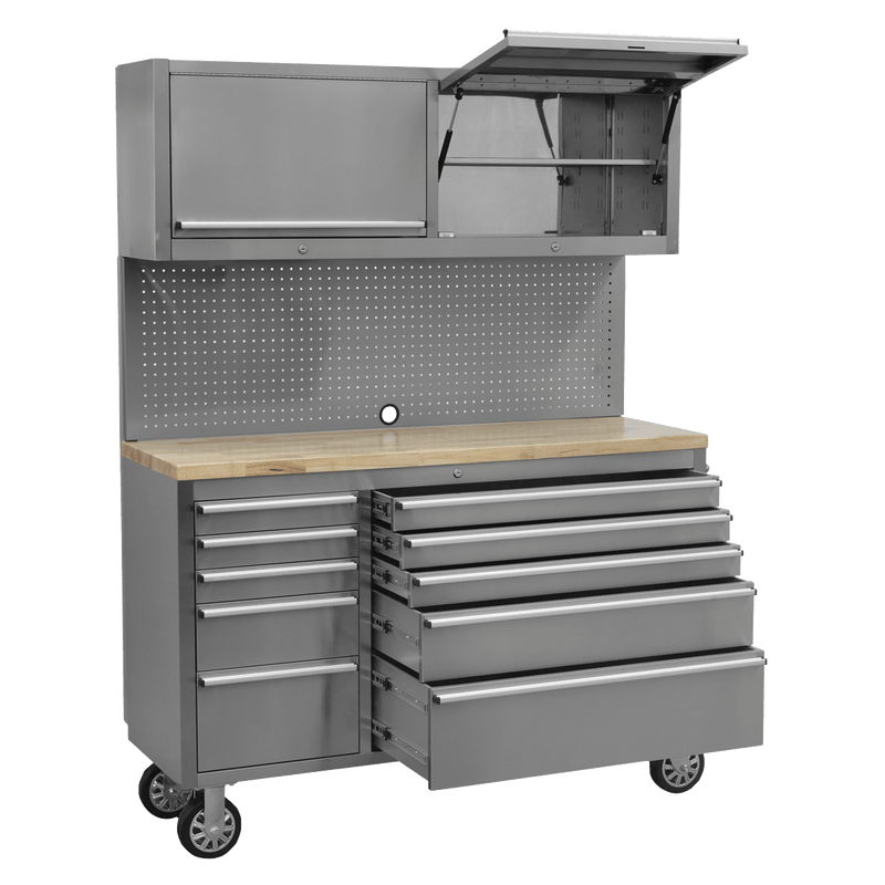 Sealey AP5520SS Premier™ Mobile Stainless Steel Tool Cabinet 10 Drawer with Backboard & 2 Wall Cupboards - AP5520SS - Sealey Tools UK - Trade Counter Direct