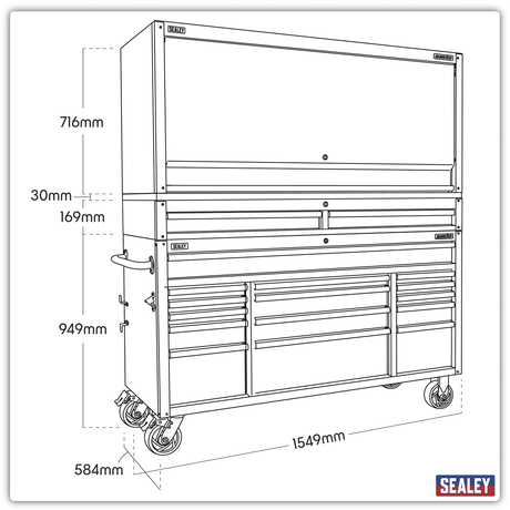 Sealey AP6115BECOMBO1 Superline PRO® Black Edition Mobile Trolley with Wooden Worktop, Hutch & 2 Drawer Riser 15 Drawer 1549mm - AP6115BECOMBO1 - Sealey Tools UK - Trade Counter Direct
