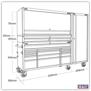Sealey AP6115BECOMBO2 15 Drawer 1549mm Mobile Trolley with Wooden Worktop, Hutch, 2 Drawer Riser & Side Locker - AP6115BECOMBO2 - Sealey Tools UK - Trade Counter Direct