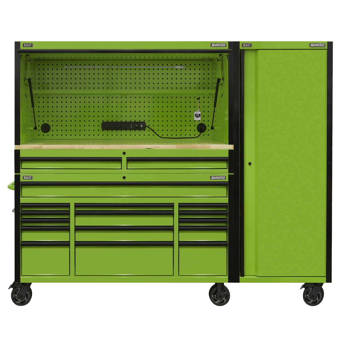 Sealey AP6115BECOMBO2 15 Drawer 1549mm Mobile Trolley with Wooden Worktop, Hutch, 2 Drawer Riser & Side Locker - AP6115BECOMBO2 - Sealey Tools UK - Trade Counter Direct