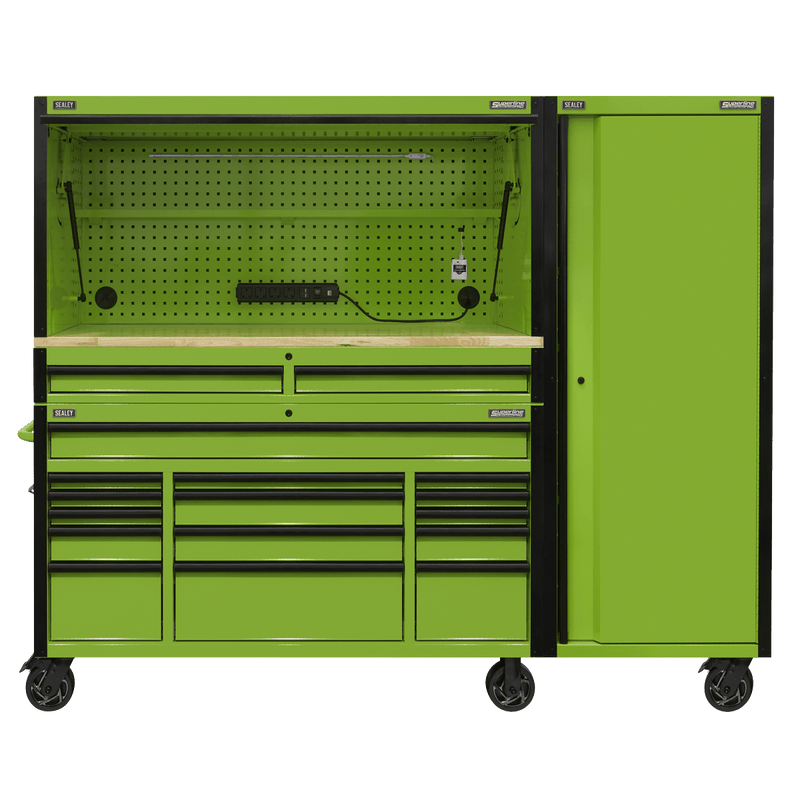 Sealey AP6115BECOMBO2 15 Drawer 1549mm Mobile Trolley with Wooden Worktop, Hutch, 2 Drawer Riser & Side Locker - AP6115BECOMBO2 - Sealey Tools UK - Trade Counter Direct