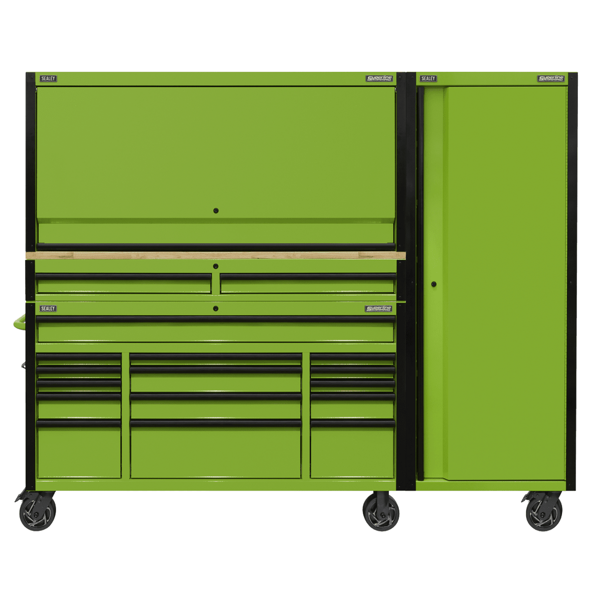 Sealey AP6115BECOMBO2 15 Drawer 1549mm Mobile Trolley with Wooden Worktop, Hutch, 2 Drawer Riser & Side Locker - AP6115BECOMBO2 - Sealey Tools UK - Trade Counter Direct