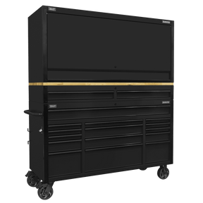Sealey AP6215BECOMBO1 Superline PRO® Black Edition Mobile Trolley with Wooden Worktop 15 Drawer, Hutch & 2 Drawer Riser 1549mm - AP6215BECOMBO1 - Sealey Tools UK - Trade Counter Direct