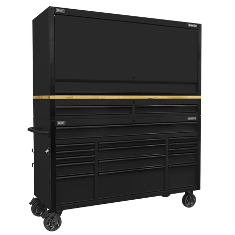 Sealey AP6215BECOMBO1 Superline PRO® Black Edition Mobile Trolley with Wooden Worktop 15 Drawer, Hutch & 2 Drawer Riser 1549mm - AP6215BECOMBO1 - Sealey Tools UK - Trade Counter Direct