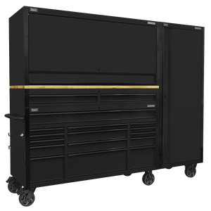 Sealey AP6215BECOMBO2 Superline PRO® Black Edition Mobile Trolley with Wooden Worktop 15 Drawer, Hutch, 2 Drawer Riser & Side Locker 1549mm - AP6215BECOMBO2 - Sealey Tools UK - Trade Counter Direct