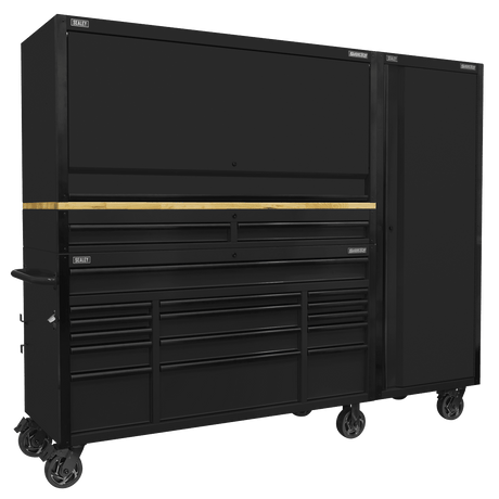 Sealey AP6215BECOMBO2 Superline PRO® Black Edition Mobile Trolley with Wooden Worktop 15 Drawer, Hutch, 2 Drawer Riser & Side Locker 1549mm - AP6215BECOMBO2 - Sealey Tools UK - Trade Counter Direct