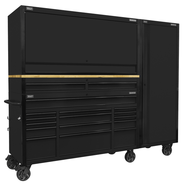 Sealey AP6215BECOMBO2 Superline PRO® Black Edition Mobile Trolley with Wooden Worktop 15 Drawer, Hutch, 2 Drawer Riser & Side Locker 1549mm - AP6215BECOMBO2 - Sealey Tools UK - Trade Counter Direct