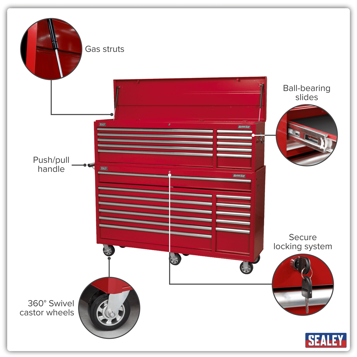 Sealey AP66COMBO2 Topchest & Rollcab Combination 23 Drawer with Ball-Bearing Slides - Red - AP66COMBO2 - Sealey Tools UK - Trade Counter Direct