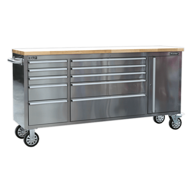 Sealey AP7210SS Mobile Stainless Steel Tool Cabinet 10 Drawer & Cupboard - AP7210SS - Sealey Tools UK - Trade Counter Direct