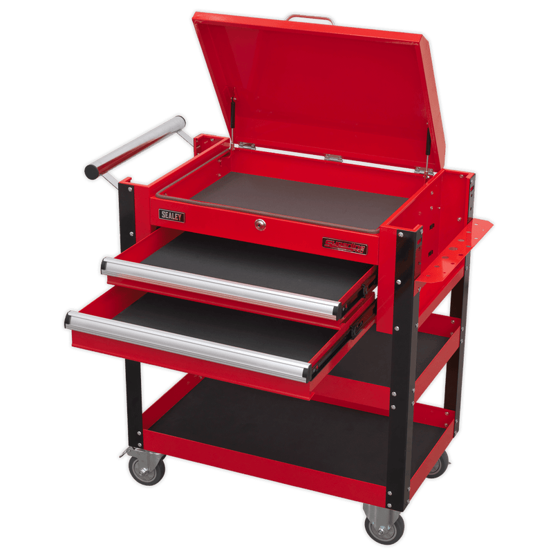 Sealey AP760M Superline PRO® Heavy-Duty Mobile Tool & Parts Trolley with Lockable Top & 2 Drawers - Red - AP760M - Sealey Tools UK - Trade Counter Direct