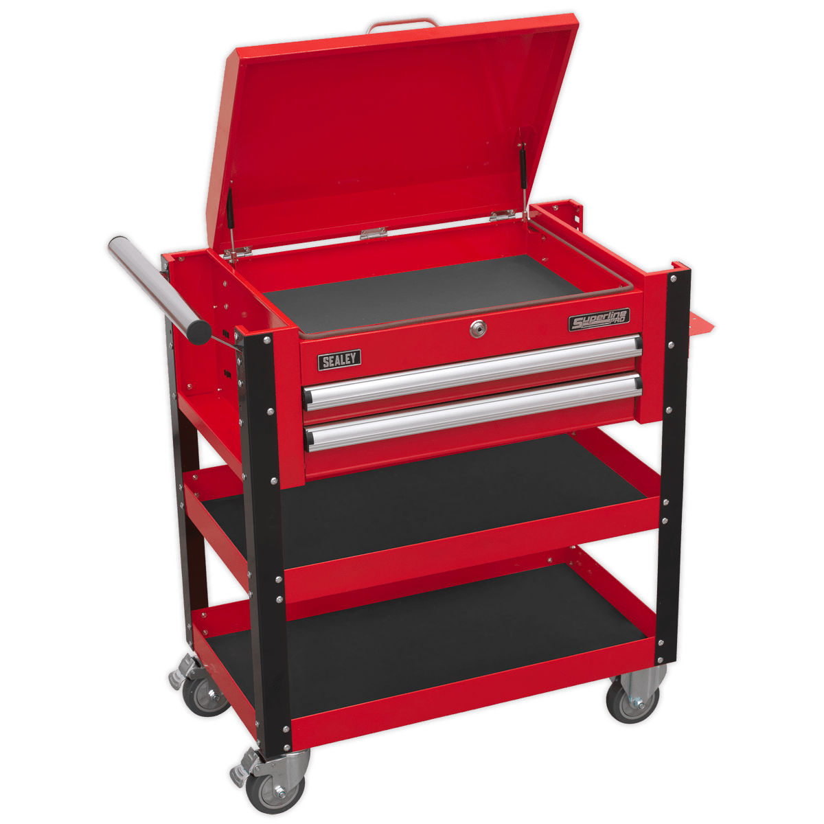 Sealey AP760M Superline PRO® Heavy-Duty Mobile Tool & Parts Trolley with Lockable Top & 2 Drawers - Red - AP760M - Sealey Tools UK - Trade Counter Direct