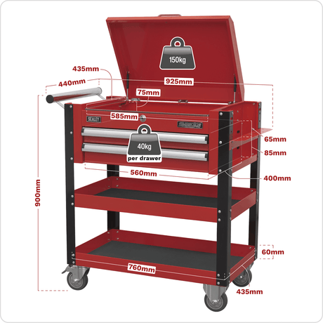 Sealey AP760M Superline PRO® Heavy-Duty Mobile Tool & Parts Trolley with Lockable Top & 2 Drawers - Red - AP760M - Sealey Tools UK - Trade Counter Direct