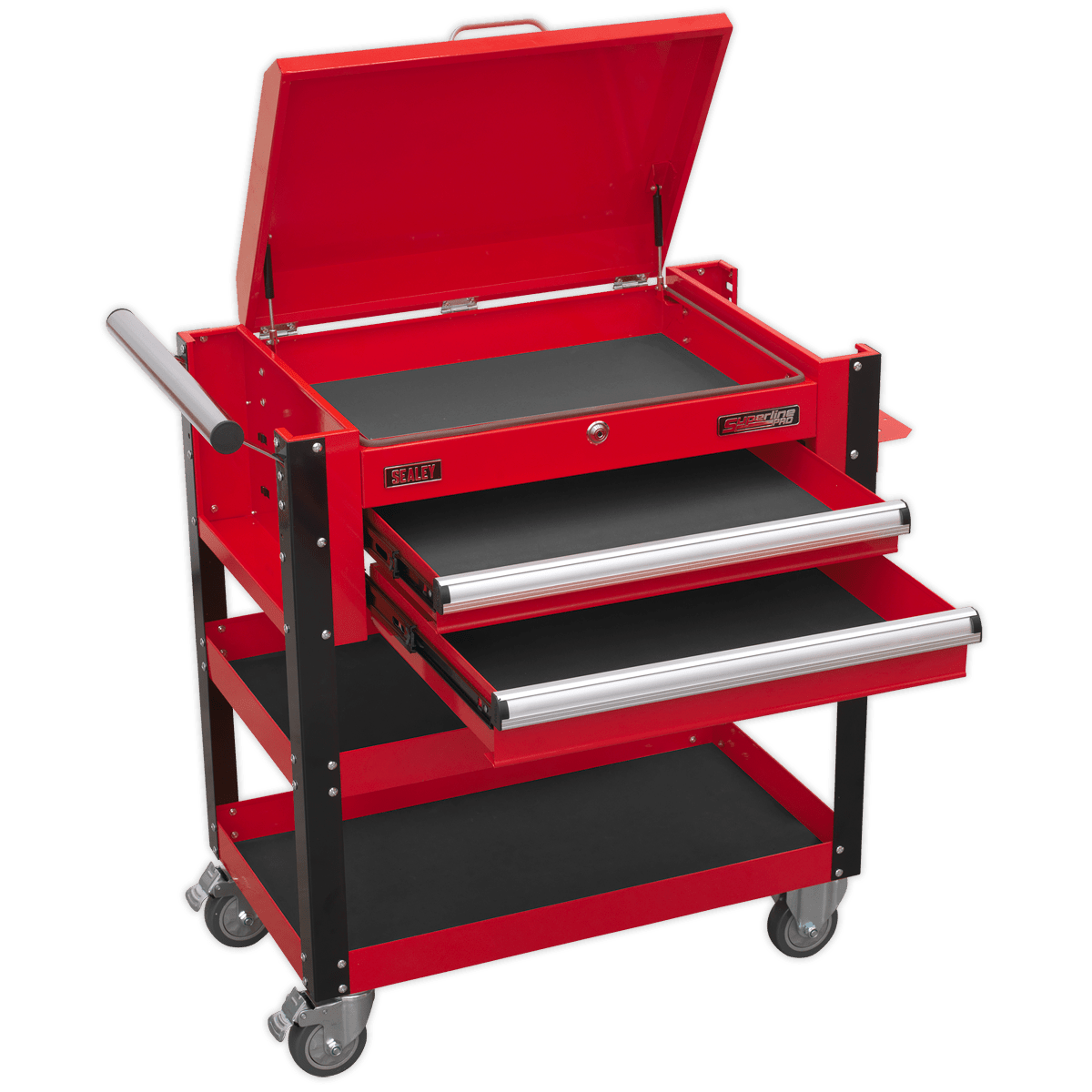 Sealey AP760M Superline PRO® Heavy-Duty Mobile Tool & Parts Trolley with Lockable Top & 2 Drawers - Red - AP760M - Sealey Tools UK - Trade Counter Direct